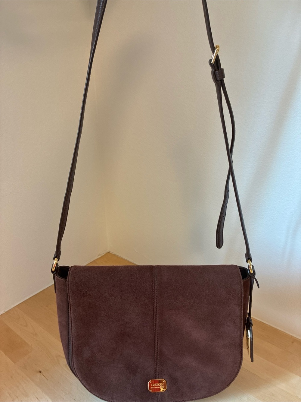 Lauren Ralph Lauren Brown Suede Crossbody Flap Bag with Gold Logo